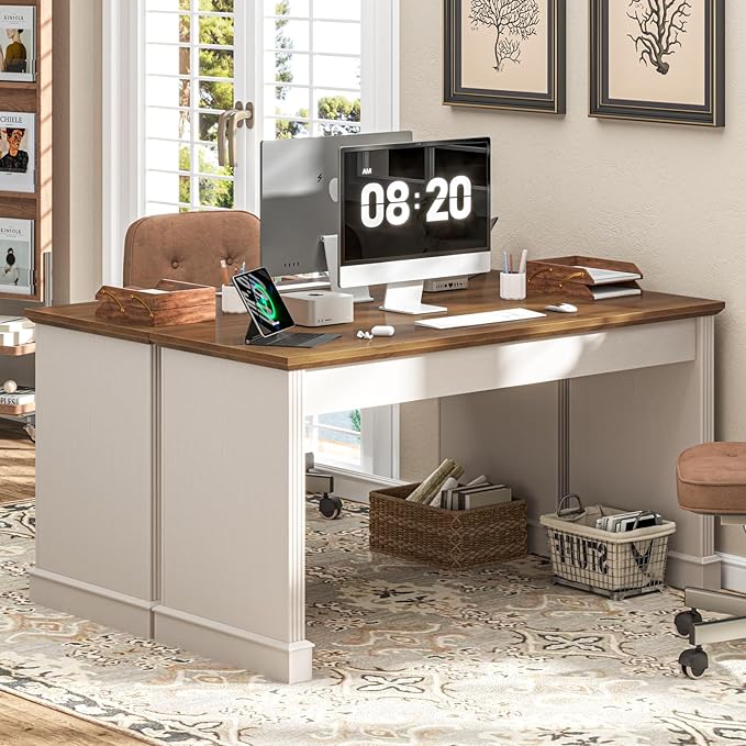 Farmhouse 59" Executive Computer Desk, Simple and Spacious Workstation for Remote Work & Study, Home Office, Unique White