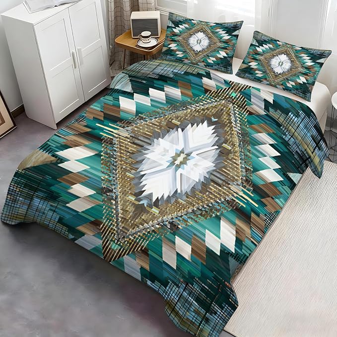 Green Aztec Duvet Cover Full Size, Bohemian Vintage Geometric Bedding Set 3 Piece, Native American Aztec Patterned Comforter Cover with Zipper Soft Microfiber, 2 Pillowcases