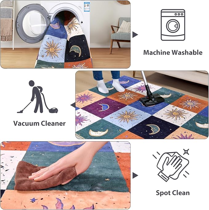 Boho Sun and Moon Washable Rug Ultra Thin, Vintage Mystical Celestial Checkerboard 6x9 Area Rug for Dining Living Room Entryway Dorm, Hippie Retro Aesthetic Cute Trendy Indie Bedroom Accent Carpet