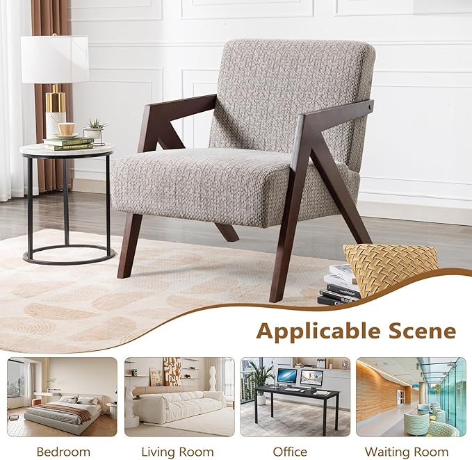 Bonzy Home Mid-Century Modern Accent Chair Set of 2 with Wood Frame, Upholstered Armchair for Bedroom & Living Room, Linen Fabric Cushion, Z-Shaped Armrest Design, Sturdy Lounge Chair