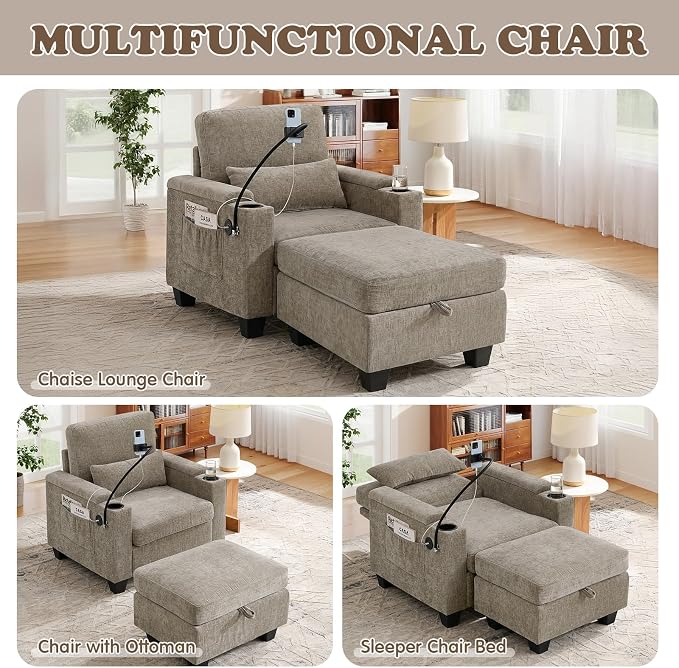Small Chaise Lounge Chair Indoor with Ottoman&Adjustable Backrest,Chenille Tufted Recliner Comfy Sofa Chair with USB,Phone Holder&Storage Arms,Convertible Sleeper Couch Bed for Living Room(37"W,Brown)