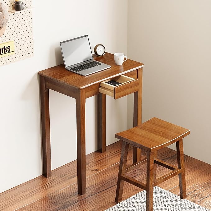 Solid Wood Desk with Drawers - 23.6" Narrow Desks for Small Spaces, Mid Century Modern Desks, Small Wooden Vintage Computer Writing Desk, Study Table for Home Office Bedroom, Walnut