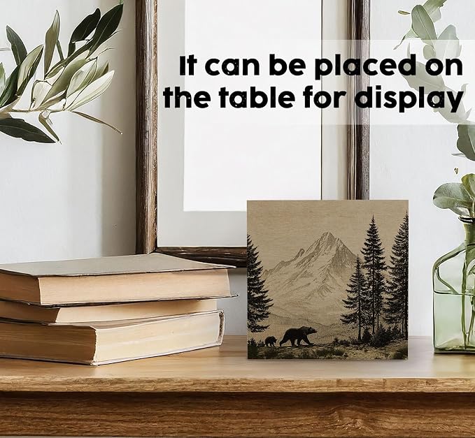 Vintage Mountain Forest Bear Decor Signs, Bear Gifts for Women Men, Rustic Mountain Landscape Wild Animals Wooden Box Sign for Home Bedroom Living Room Desk Table Shelf 5x5 Inch
