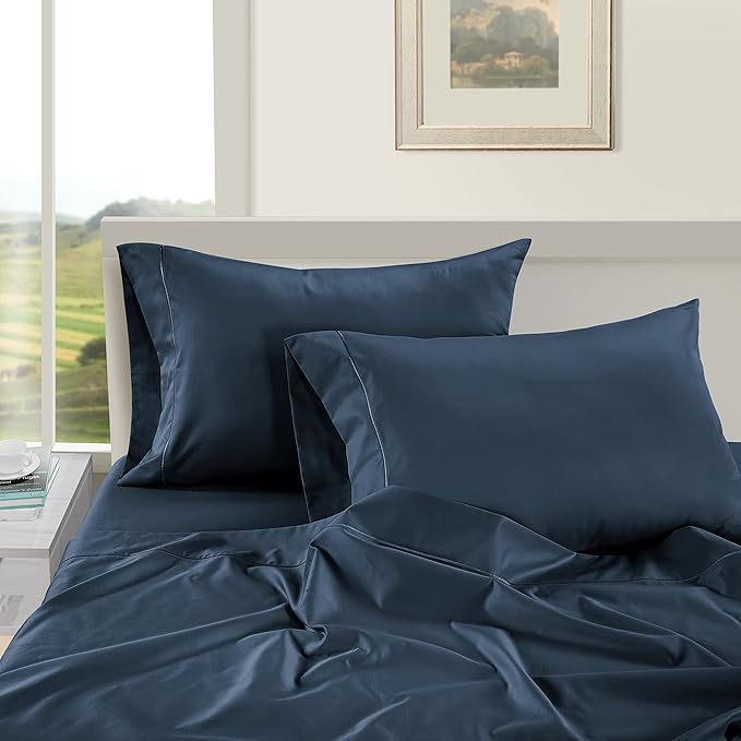 100% Egyptian Cotton Sheets Queen Size - Naturally Cooling & Breathable 4 Piece Silky Sateen Weave Queen Sheet Set, Ultra-Soft & Durable Hotel Luxury Sheets with 15" Snug Fit Deep Pockets - Dark Denim