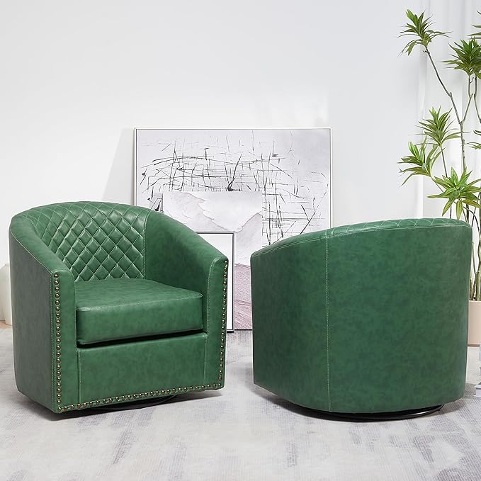 KINWELL 29" Wide Tufted Faux Leather Swivel Barrel Chair Set of 2, PU Leather Modern Upholstered Accent Chairs with Nailhead Trim, Small Armchair for Living Room Bedroom, Green