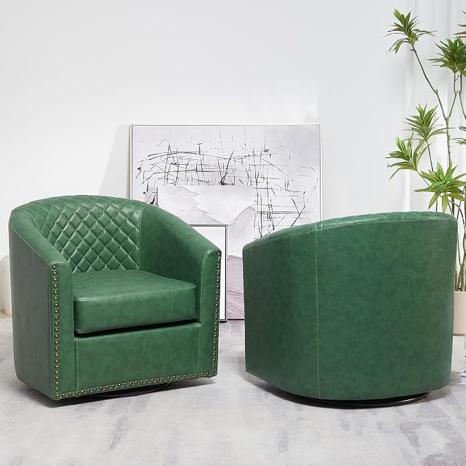 KINWELL 29" Wide Tufted Faux Leather Swivel Barrel Chair Set of 2, PU Leather Modern Upholstered Accent Chairs with Nailhead Trim, Small Armchair for Living Room Bedroom, Green
