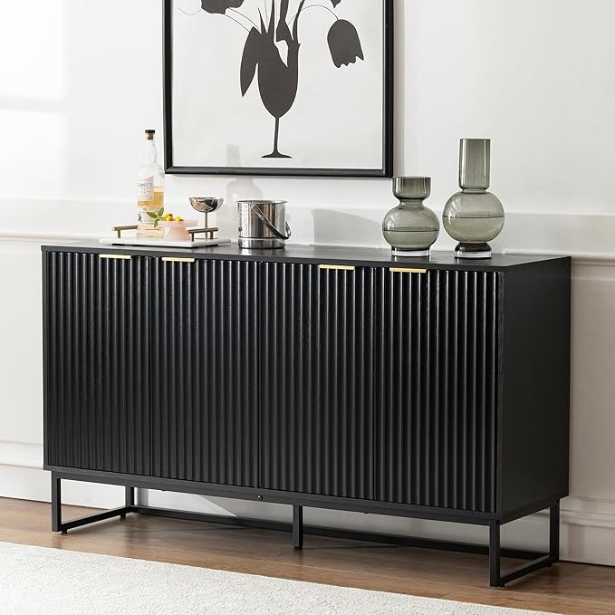 Fluted Storage Cabinet with 4 Doors, 55" Large Sideboard Buffet Cabinet with Adjustable Shelves Kitchen Wooden Credenza Coffee Bar Console Table for Dining Room Living Room, Black