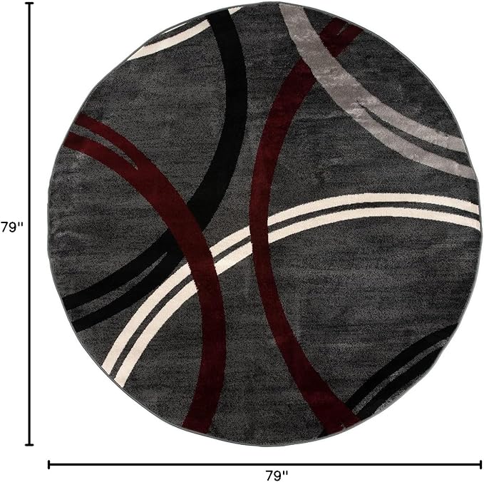 Rugshop Modern Wavy Circles Design Non-Shedding Round Rug, Carpet for Dining Room or Living Room, Red, 6'6" Round