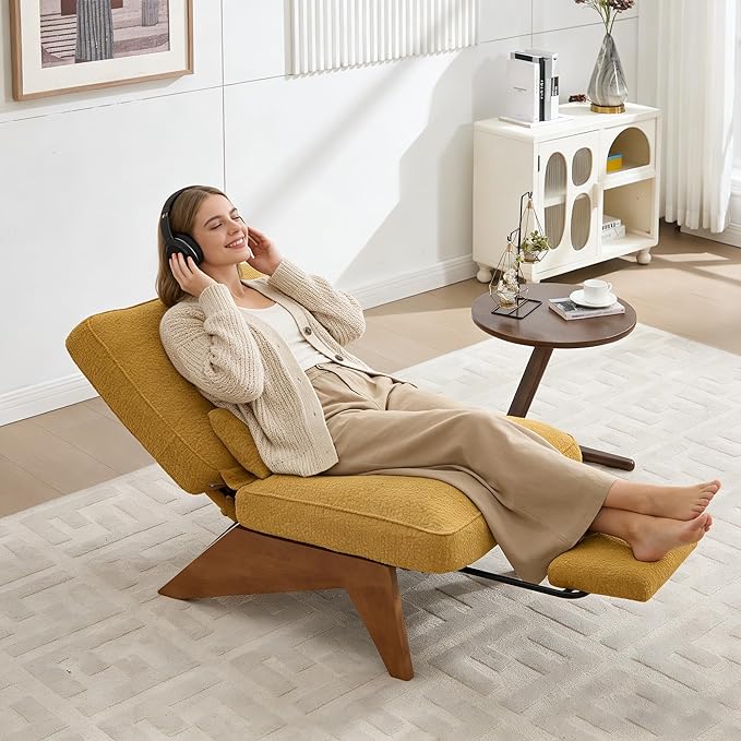 Accent Chair with Ottoman Adjustable Backrest, Stripe Living Room Chair Indoor Lounge Chair with Build-in Footrest Set, Modern Chair Cozy Reclining Chair for Reading Room, Yellow