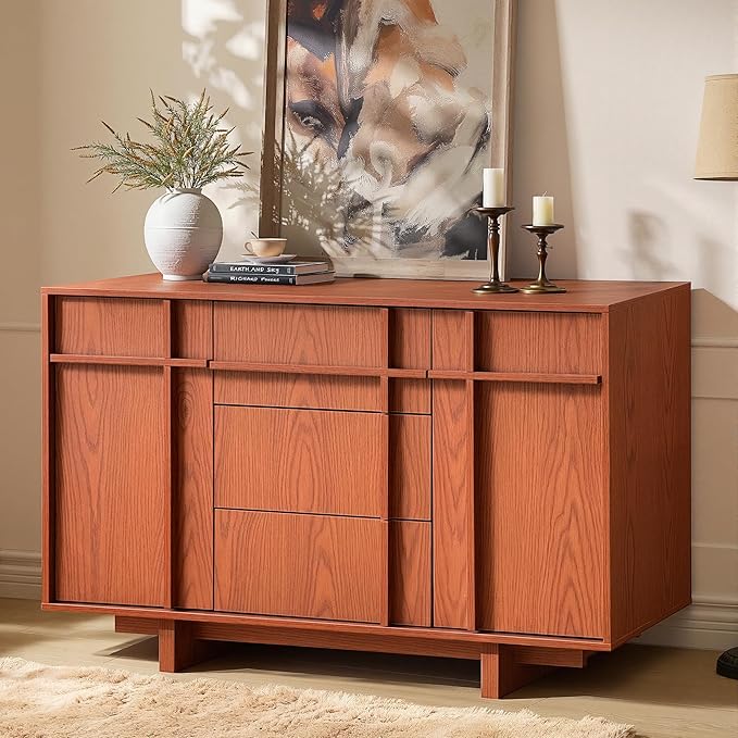 Sideboard Buffet Cabinet with Storage, 47.2" Large Sideboard with 2 Doors&3 Drawers, Mid Century Modern Credenza with Skeleton line&Wood Grain for Living Room, Kitchen and Entryway, Cherry