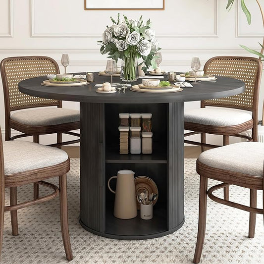 weselon 47 inch Round Dining Table for 4, Kitchen Table Dinner Table with 2-Layer Storage Shelf and Wood Slide Door for Home Dining Room Living Room (Black)