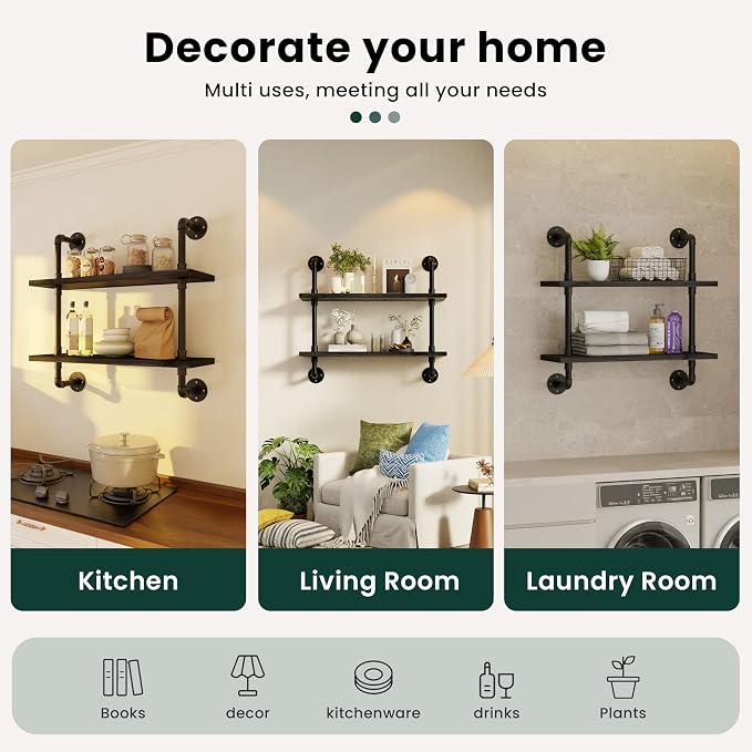 HDDFER Bathroom Floating Shelves for Wall - Industrial Pipe Shelving Shelves Wall Mounted Shelf 24 in Over Toilet Farmhouse Home Decor Display Bookshelf Black