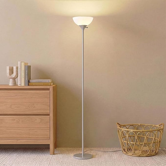 Brightech Sky Dome Dimmable LED Floor Lamp, Torchiere Floor Lamp for Living Room, Bedroom, & Office – Tall Torch Standing Lamp for Reading, Modern Home Decor – Platinum Silver
