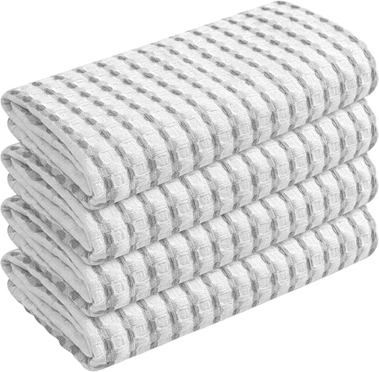 TWINY threads Waffle Kitchen Dish Towels Pack of 4, 100% Cotton 16"x26" Dishcloths Set, Soft, Durable & Highly Absorbent Waffle Weave Tea Towels for Everyday Kitchen Use, Light Grey, White