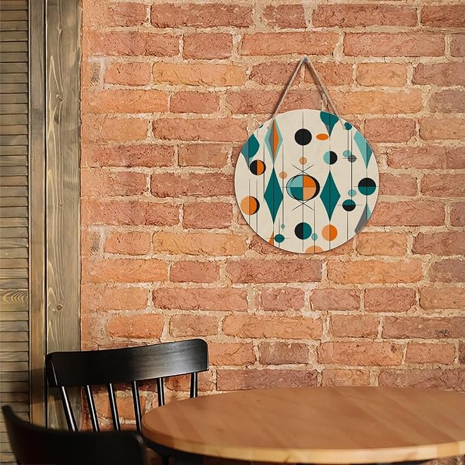 MUSM Round Mid Century Geometric Wall Art Painting Wooden Rustic Wall Decor Hanging Decorative Wood Plaque with Ropes Vintage Hanging Sign Gift for Living Room Outdoor 7.9 * 7.9 in
