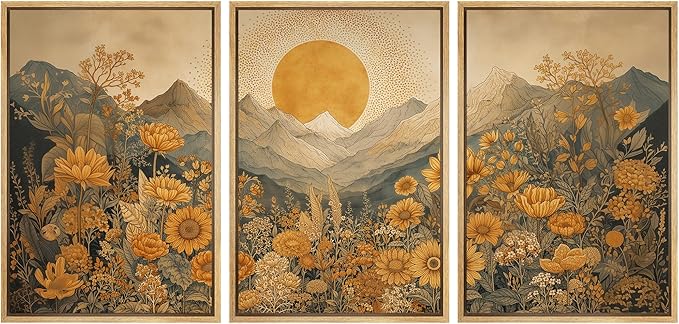 wall26 Framed Print Wall Art Set Boho Sunflower Mountain Vintage Yellow Floral and LandscapeDecorative Minimal Relax/Zen for Living Room, Bedroom, Office - 24"x36"x3 NATURAL
