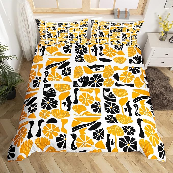 Erosebridal Boho Abstract Yellow Floral Bedding Set King Mid Century Plants Duvet Cover Modern Abstract Geometric Patchwork Comforter Cover for Kids Adults,Vintage Aesthetic Botanical Flowers Bed Set
