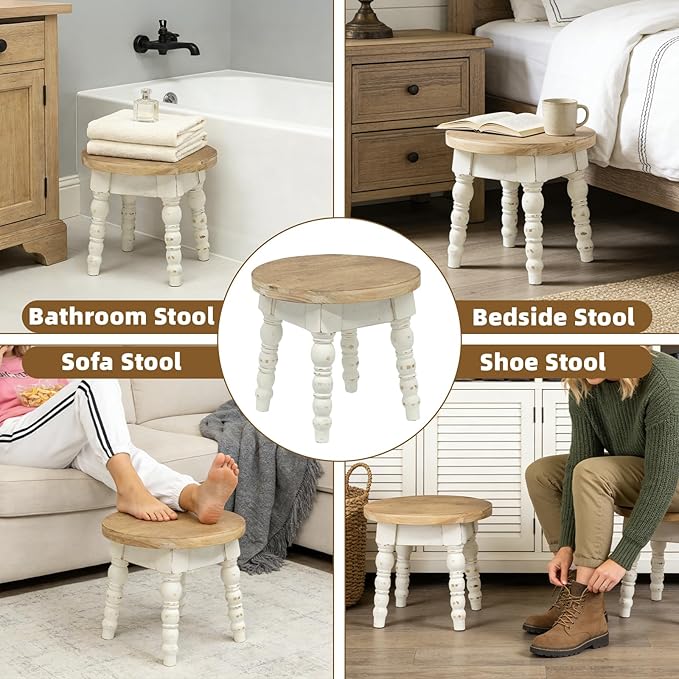 Wooden Step Stool for Kids Adults, Farmhouse Step Stool or Plant Stand Indoor, Portable and Sturdy Versatile Foot Stools for Bathroom, Bedroom, Office, Kitchen, Plant Stand (Round)