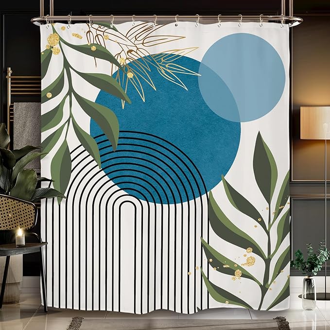 Miyotaa Teal Blue Abstract Shower Curtain Set 60Wx71H Inches Minimalist Aesthetic Modern Contemporary Geometric Plant Leaves Polyester Waterproof Bathroom Curtain with 12 Hooks