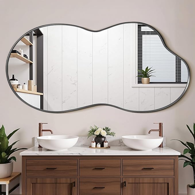 Suidia Irregular Wall Mirror, 48"x26" Bathroom Mirror Asymmetrical Mirrors Artistic Mirrors Decorative for Living Room Bedroom Bathroom Hallway Entryway, Black, Cloud Style