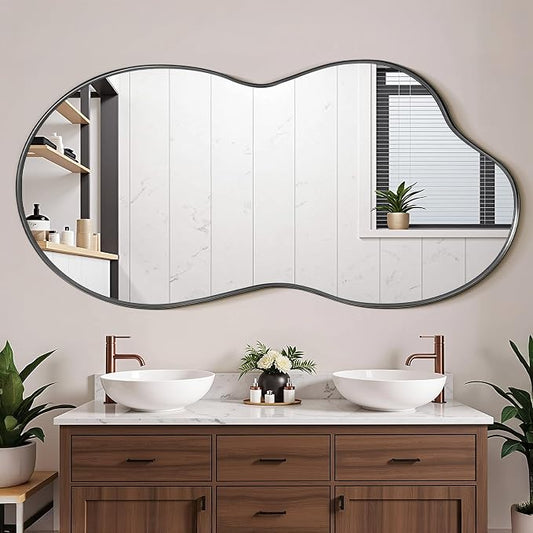 Suidia Irregular Wall Mirror, 48"x26" Bathroom Mirror Asymmetrical Mirrors Artistic Mirrors Decorative for Living Room Bedroom Bathroom Hallway Entryway, Black, Cloud Style