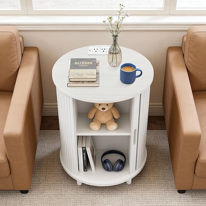 DHH Round End Table with Storage & Charging Station, Fluted Accent Side Table with Sliding Door & Adjustable Shelf, Mid-Century Nightstand for Small Spaces, Living Room, Bedroom (1, White)