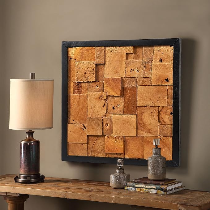 Greenage Reclaimed Teak Wood Wall Decor 17"x17" Farmhouse Simetris Square Wall Art Rustic Geometric Pattern Wall Hanging Decoration Wooden Frame Wall Panel for Home Living Room Bedroom