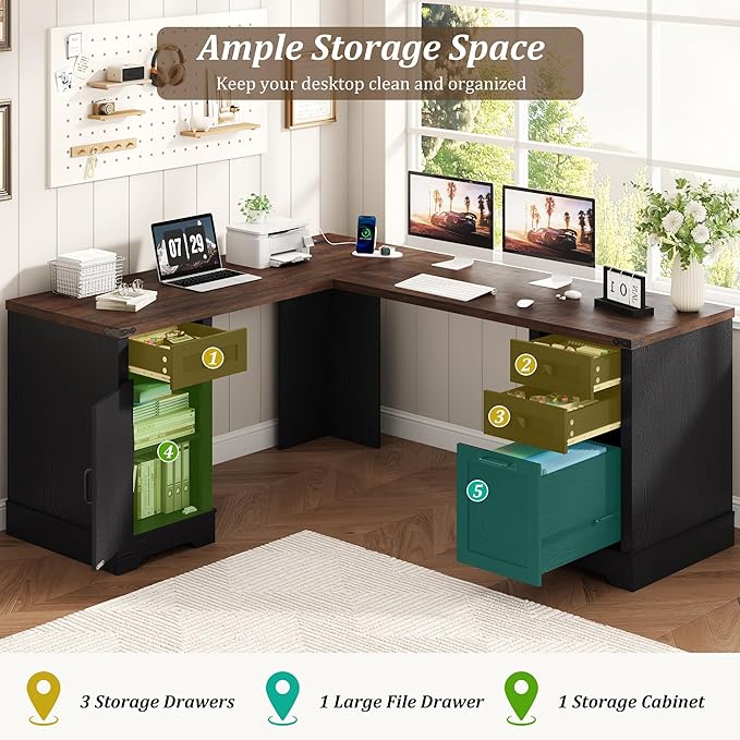 Squireewo 68.9'' Farmhouse L Shaped Desk with Drawers, Wood Executive Home Office Desk with Charging Station, File Drawers and Storage Cabinet, Computer Corner Desk for Work, Study and Writing, Black
