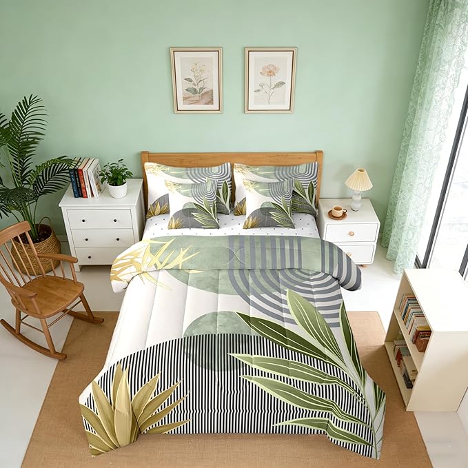Erosebridal 7 Pcs Mid Century Boho Comforter Set Twin Modern Geometric Bedding Sets,Minimalist Bed in a Bag Abstract Sun Aesthetic Arch Curve Leaves Quilt with Flat Fitted Sheet,Green Gold