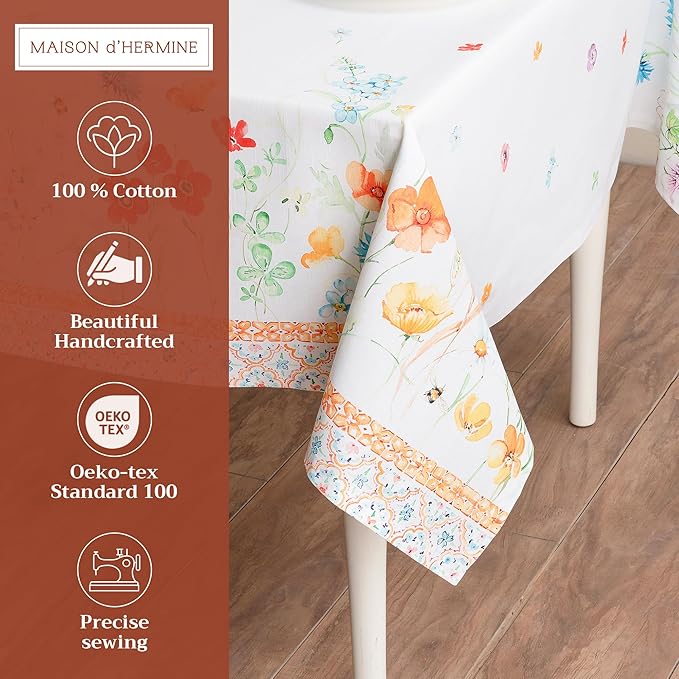 Maison d' Hermine Table Cloth Rectangle Table 100% Cotton 60 x 108 Inches Tablecloth Reusable Decorative for Dining Room Farmhouse Home Valentines Day Decorations Spring Summer - Summer Whisper