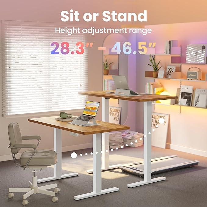 HUANUO Electric Standing Desk, 63" x 28" Height Adjustable Desk, 4 Memory Height Settings, Sit to Stand Up Desk for Home Office, with Headphone Hook, Cable Manager, Light Vintage Brown