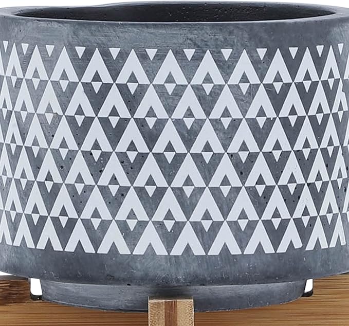 Aztec Decorative Planter Pot on Wooden Stand – Ceramic Stoneware Outdoor & Indoor Plant Pot with Gray Geometric Pattern – Modern Garden & Home Decor Ceramic Planters – 6", Gray