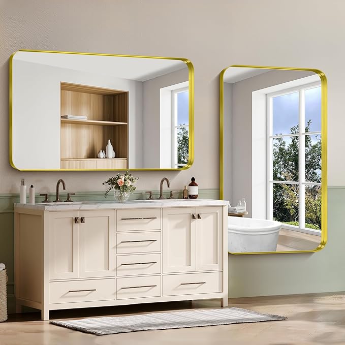 CIRCUMI Gold Bathroom Mirror, 36"x60" Rectangular Mirror with Deep Metal Frame, Rounded Corner, Tempered Glass, Large Mirror for Wall, Over 2 Sinks, Installed Vertically/Horizontally, Crystal-Clear