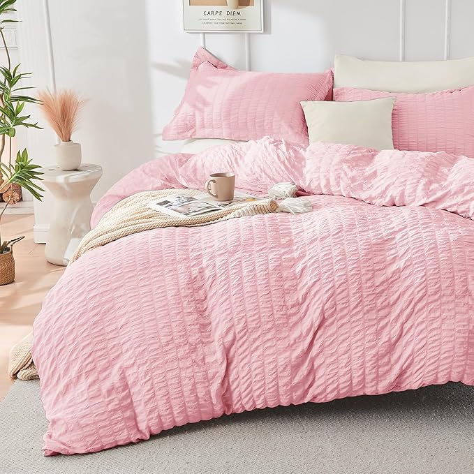 HYMOKEGE Pink/Ivory King Size Comforter Set Seersucker 7 Pieces, All Season Luxury Bed in a Bag for Bedroom, Bedding Set with Comforter, Sheets, Pillowcases & Shams