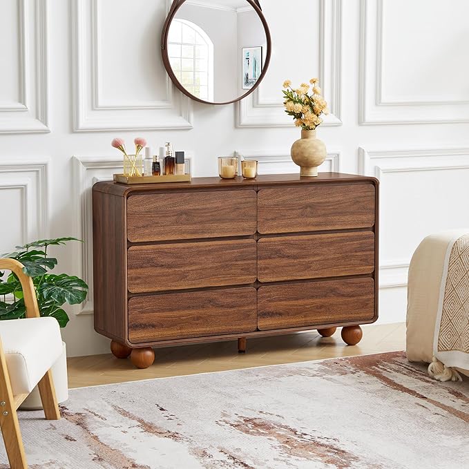 AVZEAR Modern 6 Drawer Dresser for Bedroom, 48" Wide Wooden Dresser Chest of Drawers, Handle Free & Curved Profile Design, Mid Century Closet Clothes Storage Organizer for Living Room, Walnut