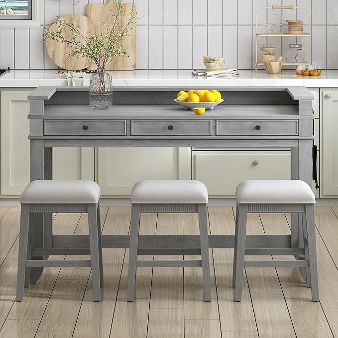 VilroCaz 4-Piece Counter Height Extra Long Dining Table Set with 3 Drawers and Upholstered Stools, Rubber Wood Dining Table Set Home Bar Set with Footrest and USB Port (Grey-B1)