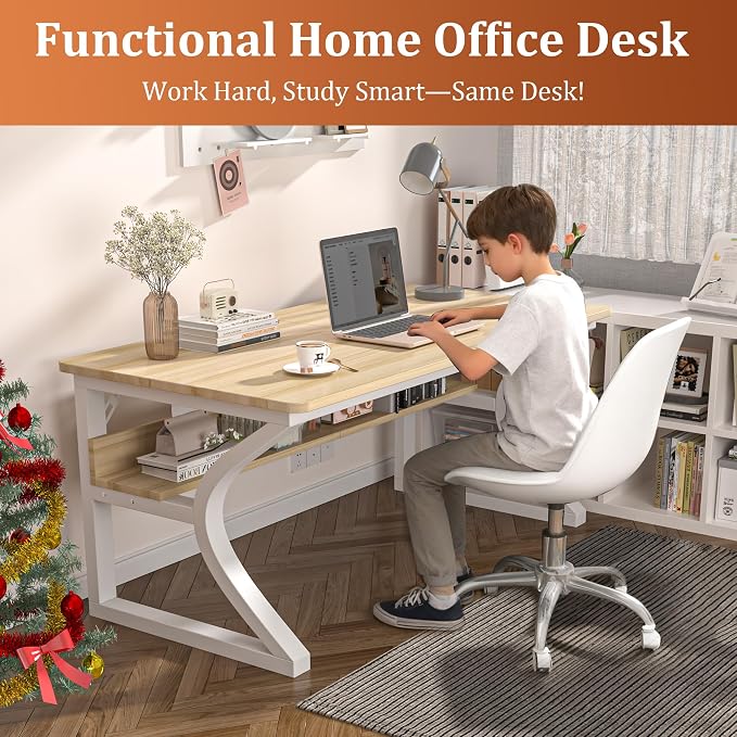 AZN Computer Desk, 47x24 in Computer Desk, Office Desk w/Storage & U-Size Metal Frame for Home Office Bedroom Gaming, Office Desk w/Water-Resistant, Scratchproof Surface, Light Walnut