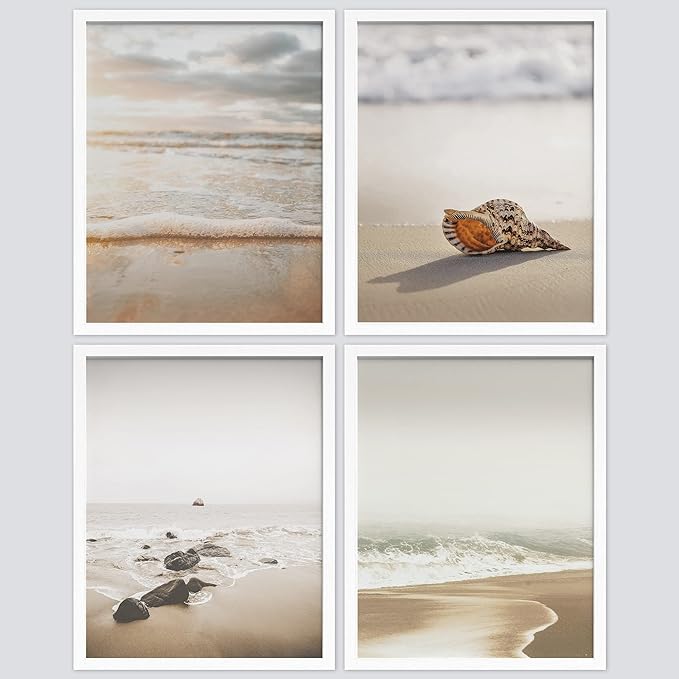 SIGNWIN Framed White Minimal Beach Shore Ocean Sea Seashell Wall Art, Set of 4 Landscape Colorful Wall Decor Prints, Nature Wilderness Wall Décor for Living Room, Bedroom - 11"x14" White