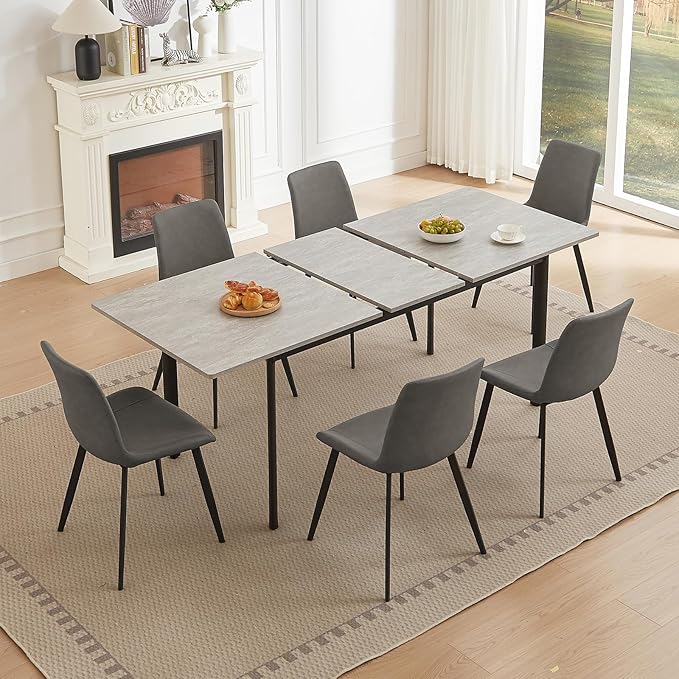 63"- 78.7" Extendable Dining Table Set for 6, Modern Kitchen Table with 6 Dining Chairs for 4-6 Person, Thickened Expandable Wooden Table with Metal Legs for Dining Room, Kitchen