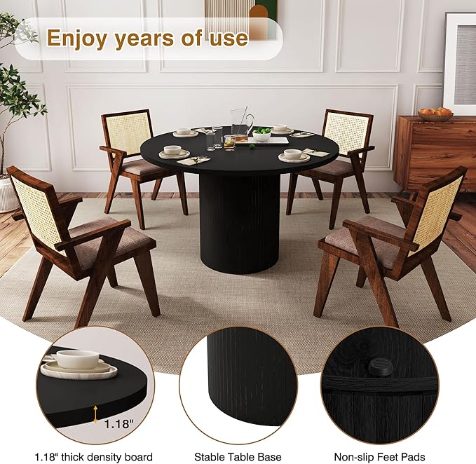 QHITTY Fluted Round Dining Table, 47-inch Wood Kitchen Table for 4, Farmhouse Circle Tabl with Strip Base for Kitchen, Living Room, Black