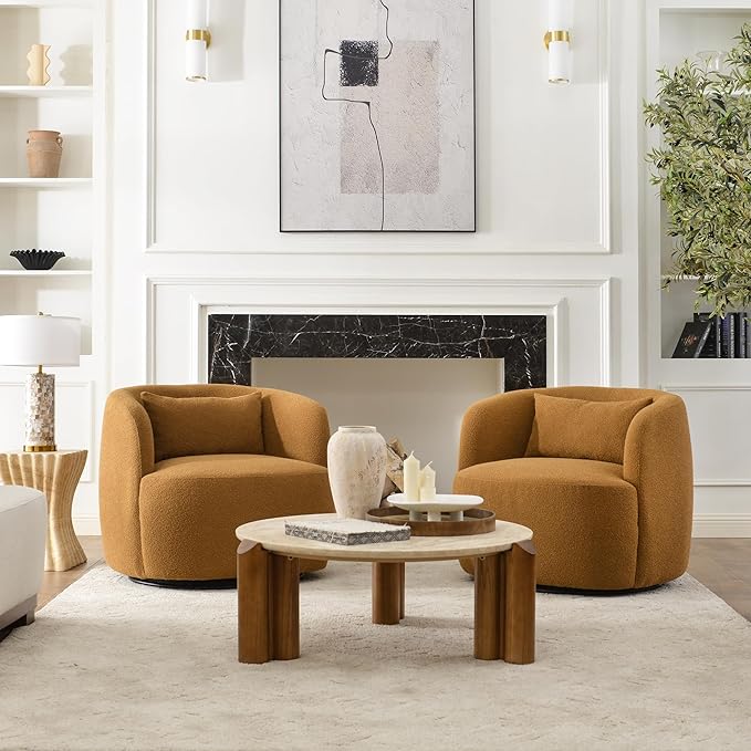 KINWELL 34" Wide Boucle Swivel Barrel Chairs Set of 2, No Assembly Round Upholstered Armchairs Accent Chairs Single Sofa Chair with Toss Pillow for Living Room and Bedroom, Brown
