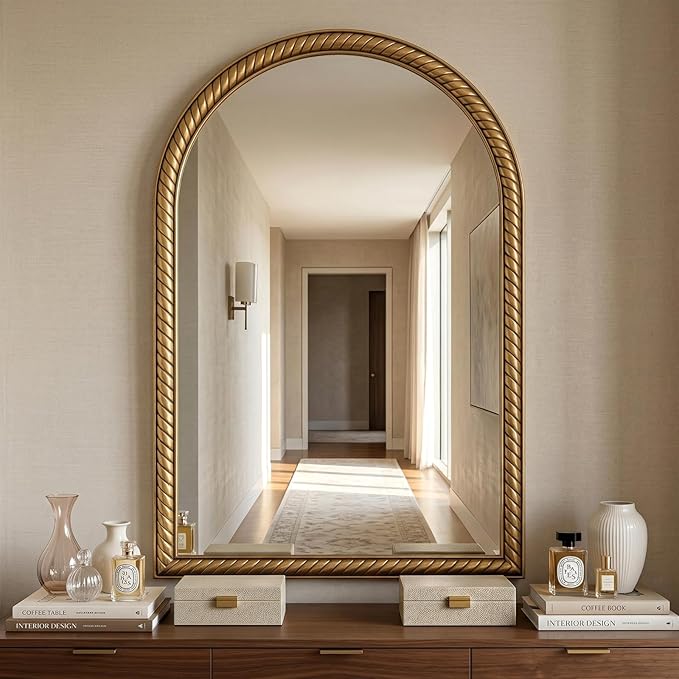 Arched Wall Decor Mirror - 24"X36" Retro Gold Large Vintage Rope-Like Metal Framed Mirror for Wall Decor, Vanity Mirrors for Bathroom, Living Room, Bedroom, Fireplace