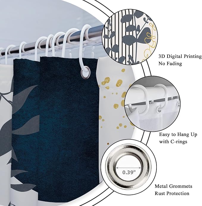 Riyidecor Extra Long Boho Modern Shower Curtain for Bathroom Decor 72Wx96H Navy Blue Abstract Bohemian Tropical Minimalist Aesthetic Art Printed Fabric Polyester Waterproof 12 Pack Plastic Hook
