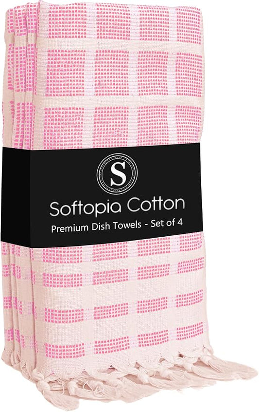 Matrix Dobby Kitchen Towels 4 Pack 100% Cotton, 16x26 Inches, Dish Towels with Knotted Tassels, Reusable and Washable Cloths for Cleaning, Drying Dishes - Rose Pink, Natural