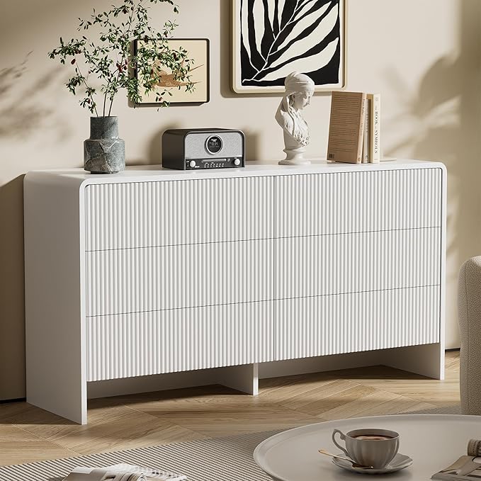 55" Wide Modern Dresser for Bedroom, 6 Drawer Chest of Drawers with Curved Design, Push-to-Open Storage Dresser, White