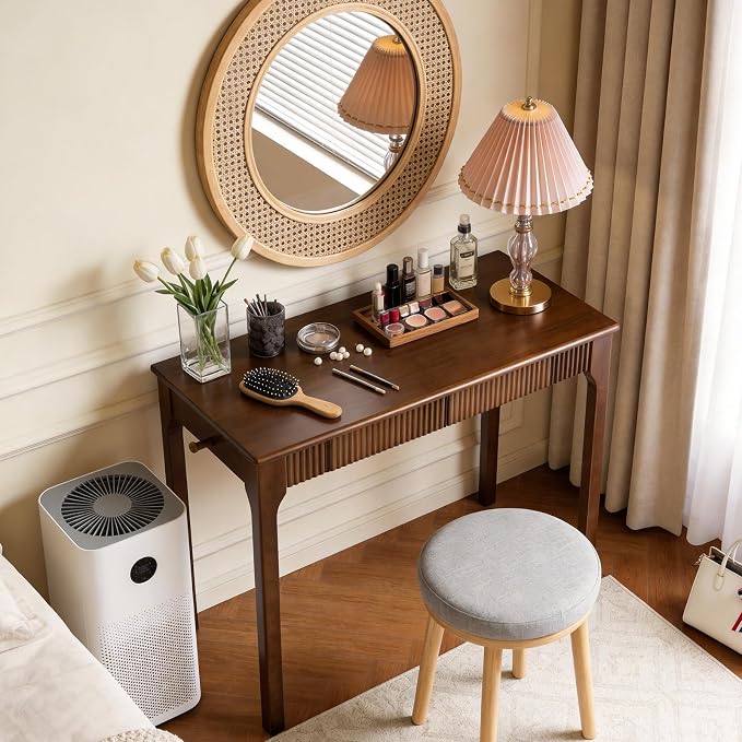 100% Solid Wood Desk with Drawers, Small Home Office Writing Wooden Desk, Vintage Wood Desk for Small Spaces, Bedroom, Work Study Computer Table with Fluted Design and Hooks(Walnut)