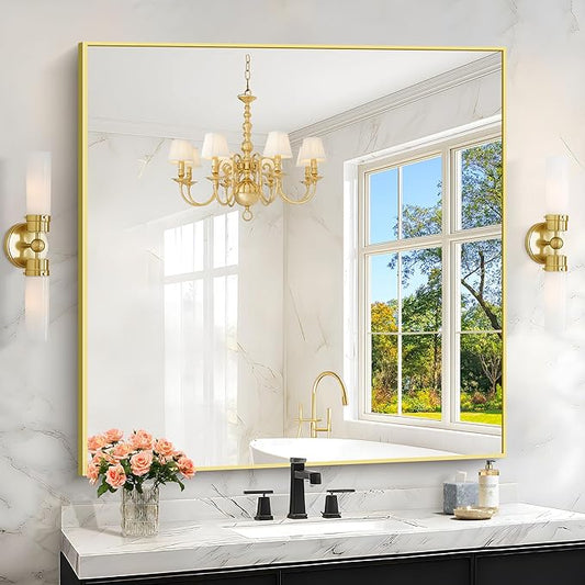 KOCUUY Gold Bathroom Mirror, 42"x42" Square Bathroom Mirror for Wall, HD Tempered Glass, Anti-Rust Frame, Modern Design for Bathroom, Bedroom, Living Room, Entryway