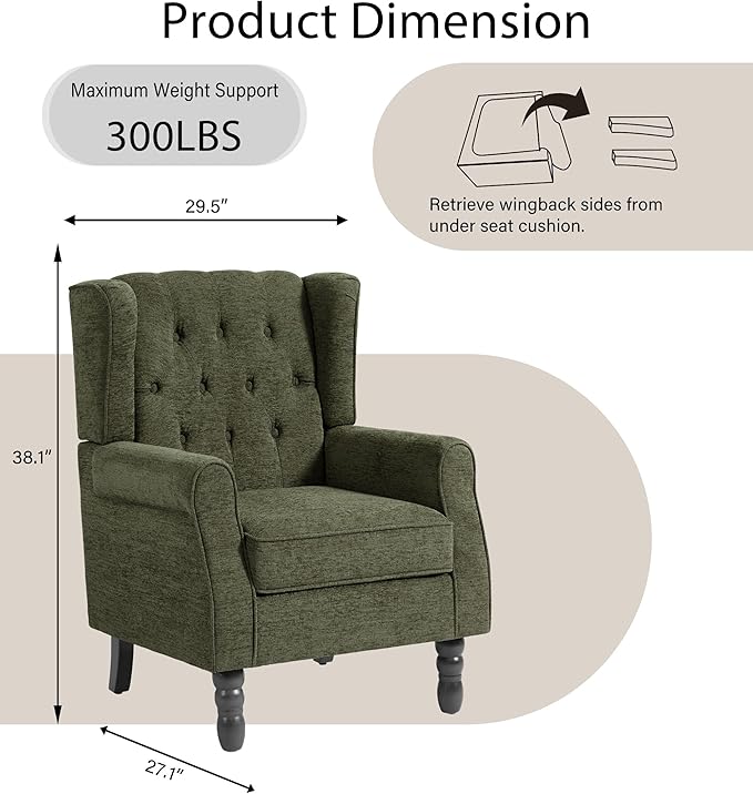 Lumibee High Back Accent Chairs Set of 2,Upholstered Wingback Armchair with Solid Wood Legs for Small Spaces,Comfy Single Sofa Chair for Living Room, Bedroom, Office-Green