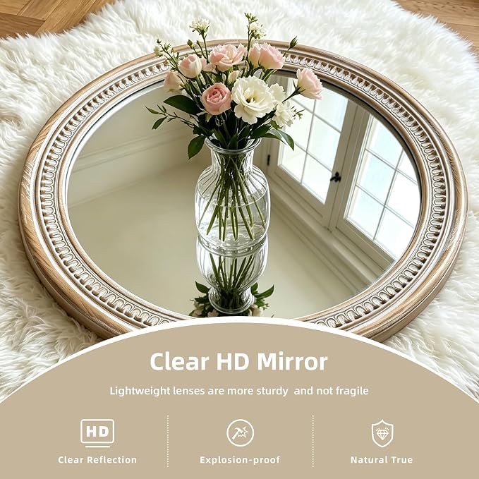 HOITUZYUS 36 Inch Rustic Farmhouse Round Mirror for Wall Decor, Boho Wooden Circle Decorative Mirrors for Bathroom Over Sink, Living Room, Entryway, Bedroom, Hallway