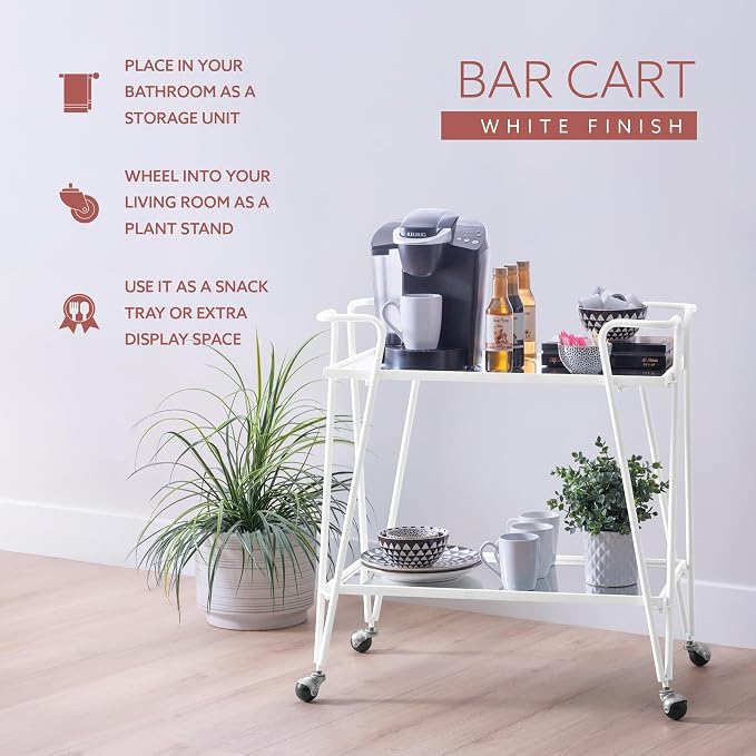 Linon Gina White Mid-Century Bar Cart with Mirrored Shelves and Locking Wheels